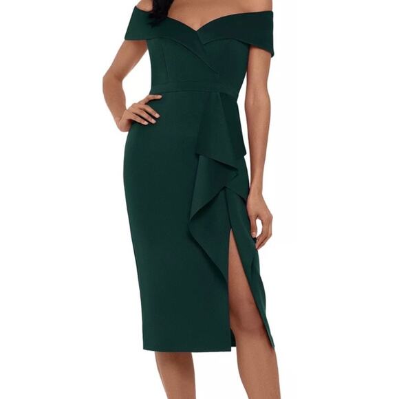 XScape Hunter Green Suba Ruffle Off Shoulder Midi Dress 8 NWT - Picture 1 of 8